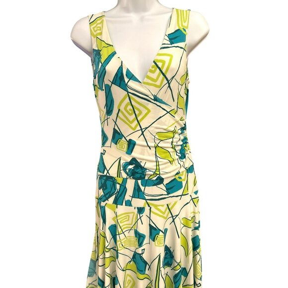 Max & Cleo Women's Green White Sleeveless Asymmetrical Hem Y2K Dress XS Vintage - Picture 3 of 5